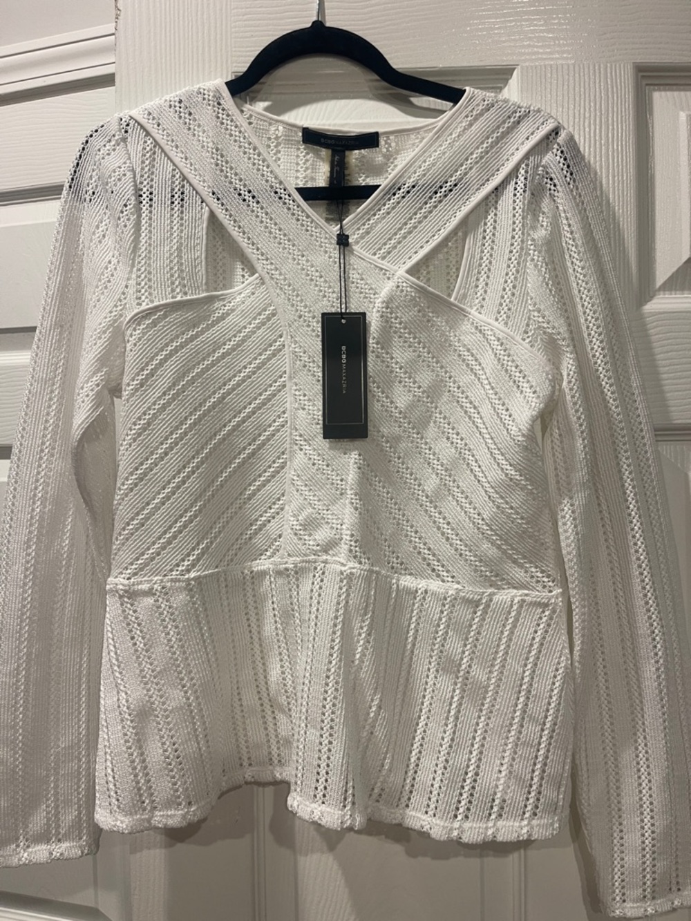BCBGMaxAzria White Open-Knit Peplum Sweater Top